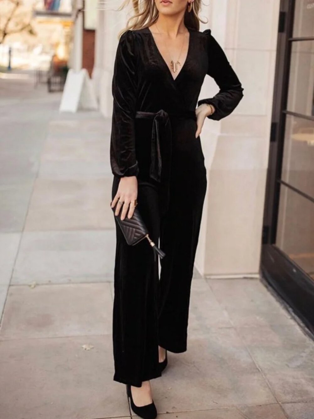 Vero Moda Black Velvet Wrap Jumpsuit Size L